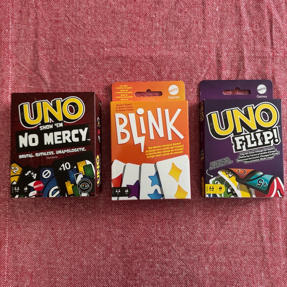 3 pack: Mattel UNO No Mercy, Blink, and Flip Card Game Set